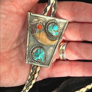 Vintage Navajo Turquoise and Coral Silver Bolo Tie Bennett Clasp